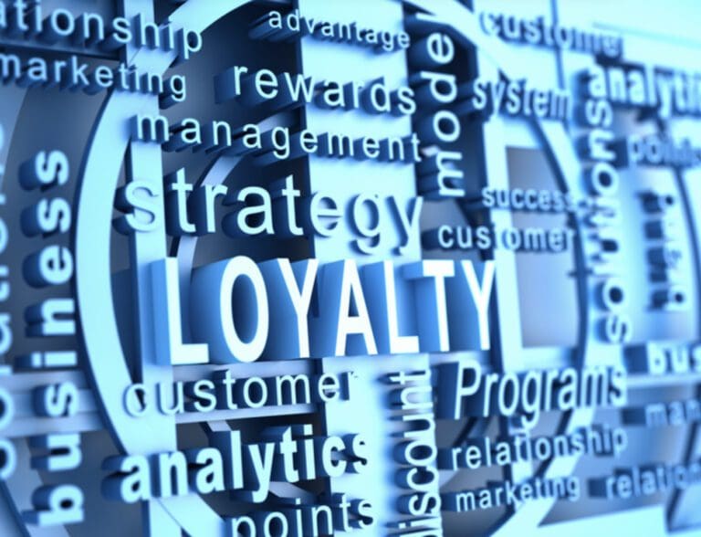 3D-style blue graphic with the word “LOYALTY” prominently displayed among related terms like strategy, customer, analytics, and rewards.