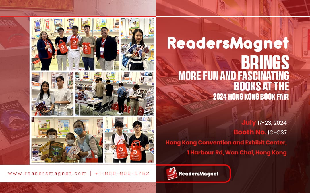 ReadersMagnet promo for 2024 Hong Kong Book Fair, July 17–23 at Booth 1C–C37, featuring attendees and book displays.