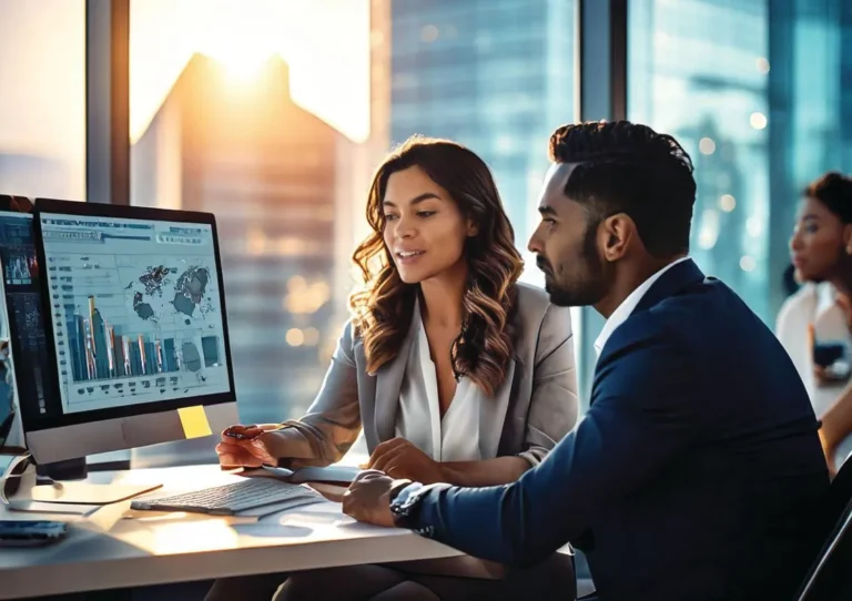 Two business professionals analyzing data on a computer screen in a modern office with city views during sunset.