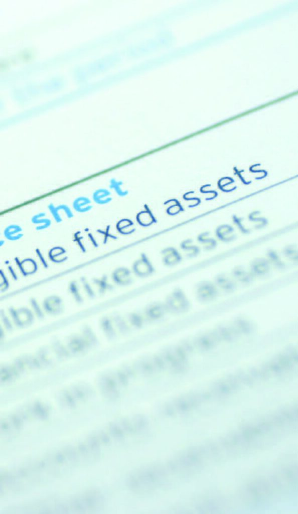 Close-up of a balance sheet document highlighting 'Tangible fixed assets' in blue text