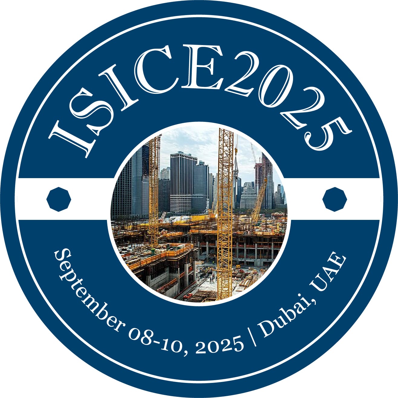ISICE 2025 civil engineering conference badge with Dubai construction site.