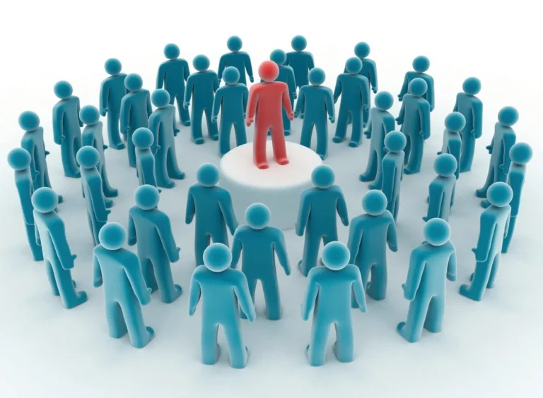 Illustration of a central figure surrounded by a group of people, symbolizing leadership and organizational structure