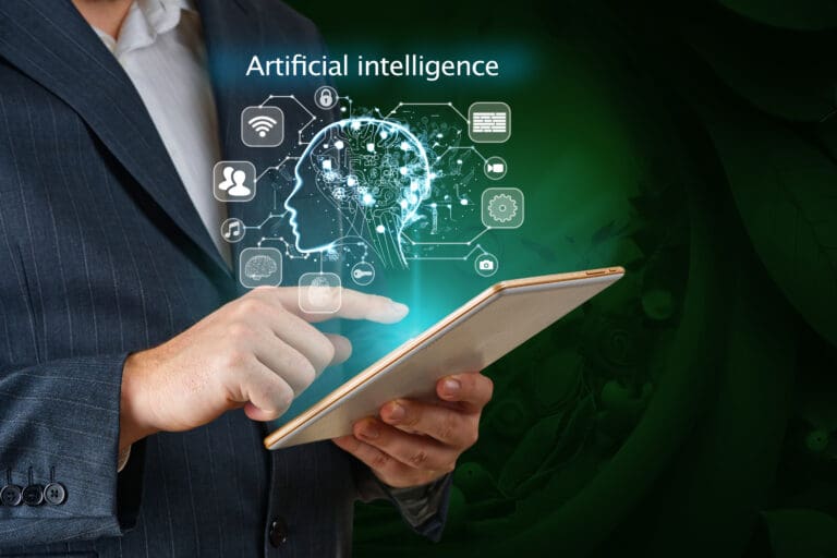 Business professional using a tablet with artificial intelligence brain graphic and digital technology icons