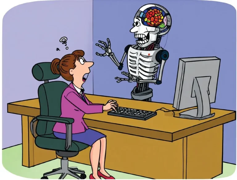 Cartoon of a shocked office worker staring at a humanoid robot with an exposed brain and skeleton at her desk.