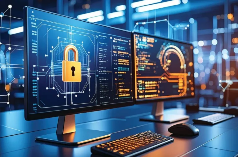 Computer monitors displaying digital security graphics with a padlock, symbolizing casino cybersecurity and zero trust strategy.