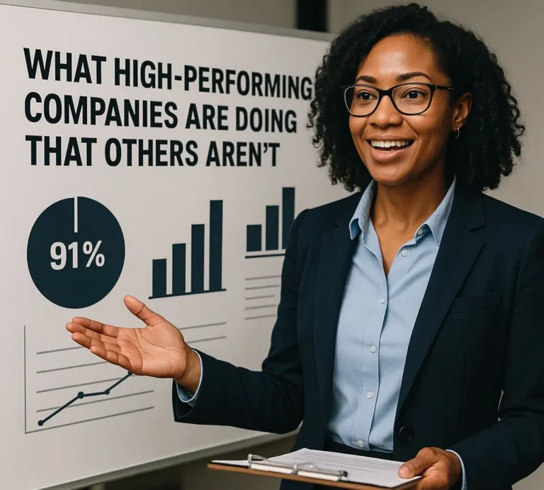 Businesswoman giving a presentation on high-performing companies with graphs and statistics on a board.