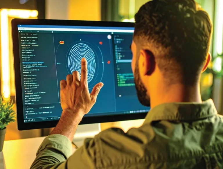 Man using biometric fingerprint authentication on a computer screen, symbolizing advanced security and technology in casino operations.