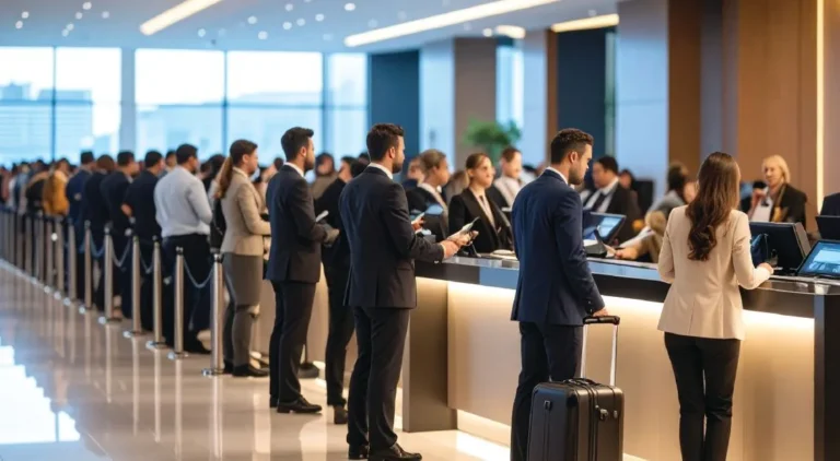 Long line of business travelers waiting to check in at a hotel reception desk, highlighting delays that personalized guest journey technology aims to solve.