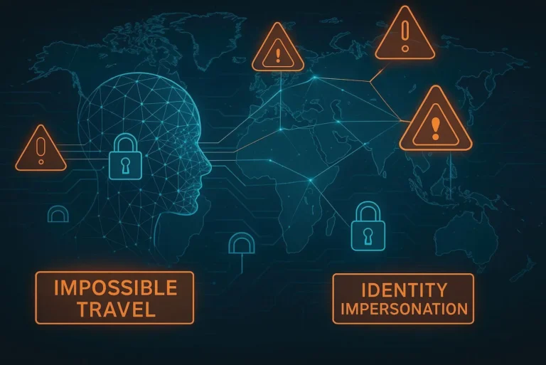 Digital illustration of a human profile with warning signs, padlocks, and a world map, highlighting identity risks such as impossible travel and impersonation.