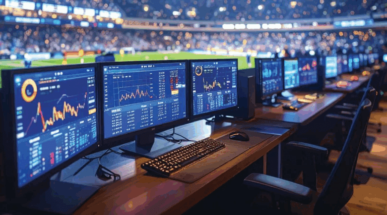 Multiple computer monitors displaying live sports betting odds and data analysis inside a stadium.