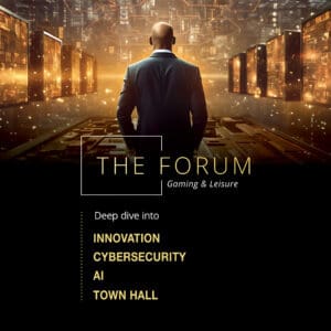 Person standing in a futuristic, gold-lit digital environment with servers and circuitry, with text promoting ‘The Forum: Gaming & Leisure’ and topics like innovation, cybersecurity, AI, and a town hall.