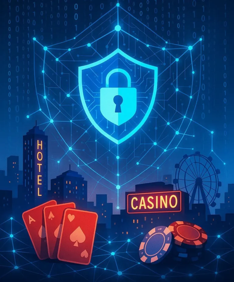 GLI-GSF: Charting a Secure Future for The Global Gaming Industry Illustration of cybersecurity protecting the gaming industry, featuring a glowing padlock shield over a casino cityscape with cards and gaming chips.