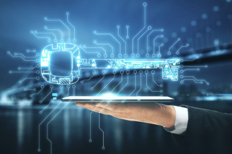 Digital key hologram symbolizing AI cybersecurity.