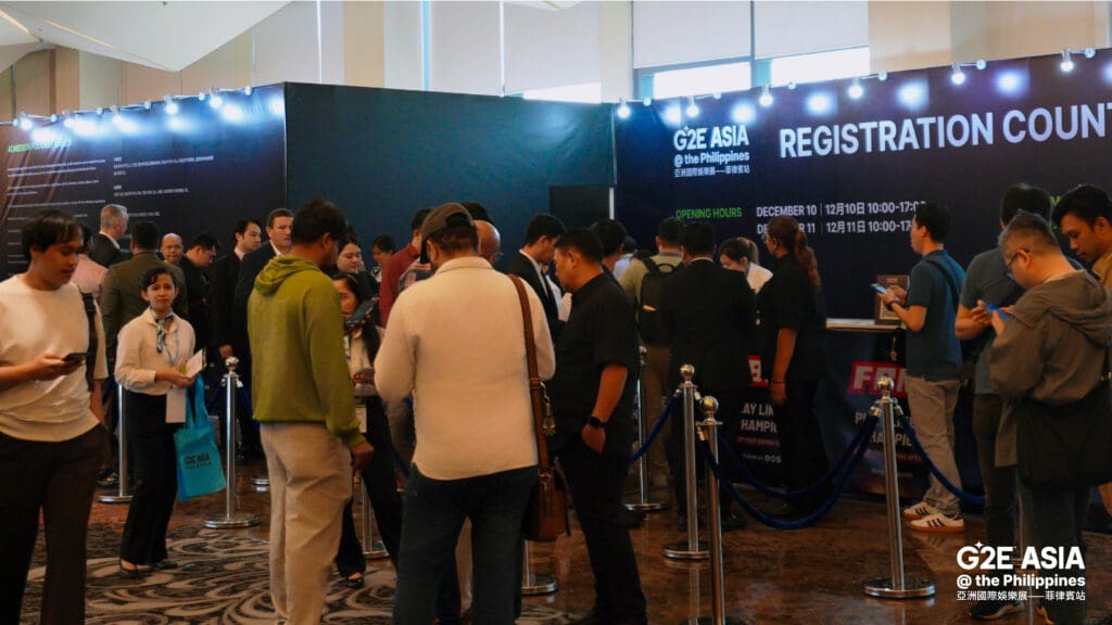 Attendees queuing at the G2E Asia @ the Philippines registration counter at Manila Marriott Hotel