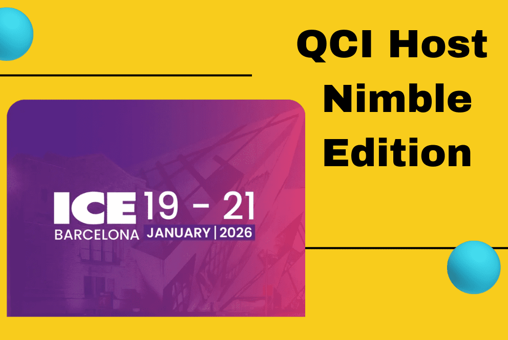 Promotional graphic for ICE Barcelona 2026, showing “ICE 19–21 Barcelona January 2026” alongside the text “QCI Host Nimble Edition” on a yellow background.