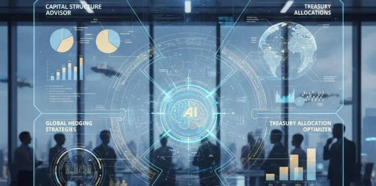 Concept illustration of AI-driven financial analytics dashboard with charts, global data visualization, and business professionals in a conference room.