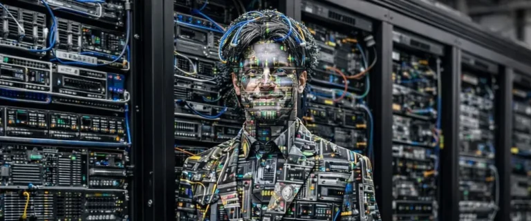 Person with digital circuitry overlay standing in a data center server room, representing cybersecurity risks and technology infrastructure.