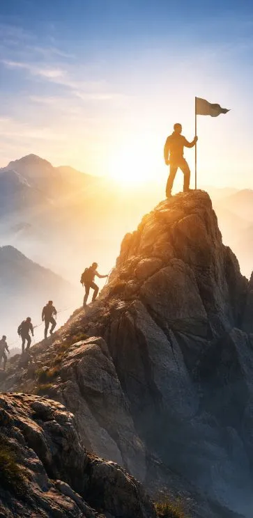 C.D.F.R.S. Climbers ascending a steep mountain ridge toward a leader standing on the summit with a flag at sunrise, symbolizing leadership and achieving goals.