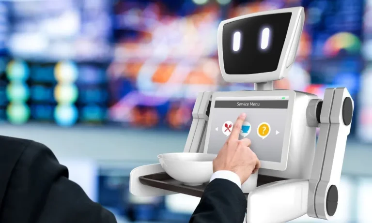 Service robot with touchscreen menu assisting a guest in a casino or hotel, illustrating AI-powered hospitality technology.