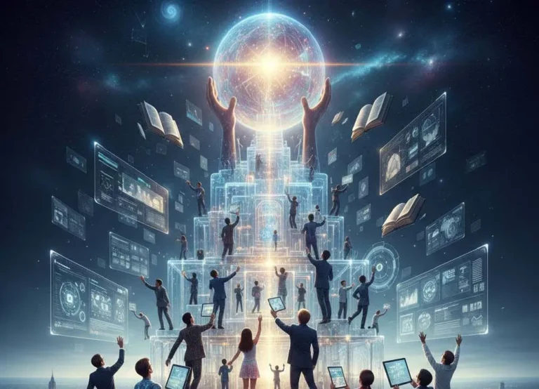 People reaching toward a glowing AI brain surrounded by digital screens and technology in a futuristic environment