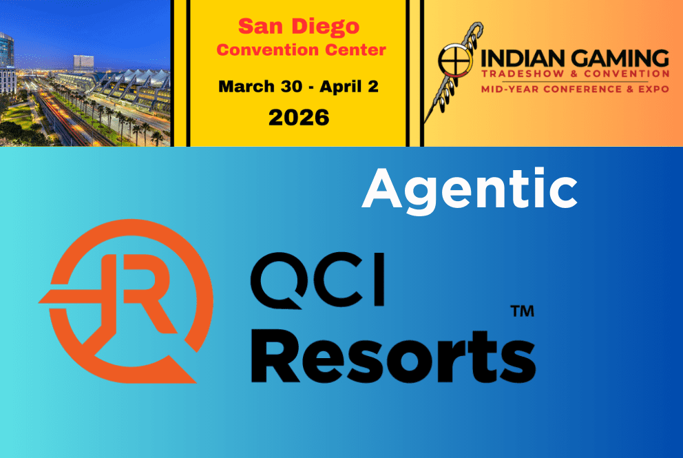 Agentic QCI Resorts announcement banner featuring San Diego Convention Center event dates (March 30–April 2, 2026) for the Indian Gaming Tradeshow, with QCI Resorts logo and branding.