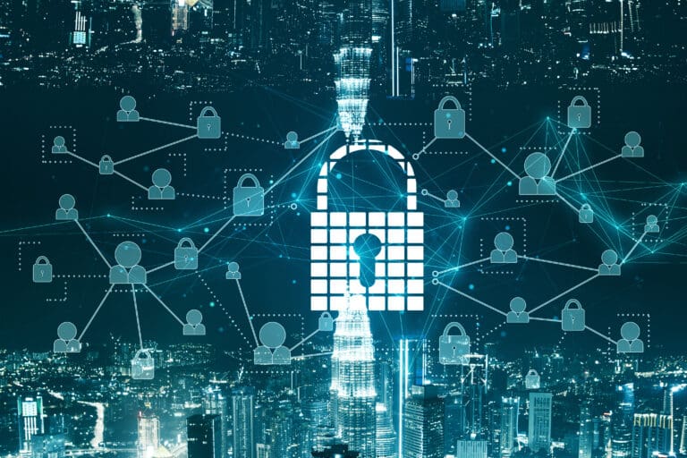 Digital security network with padlock icon overlaid on illuminated city skyline at night.