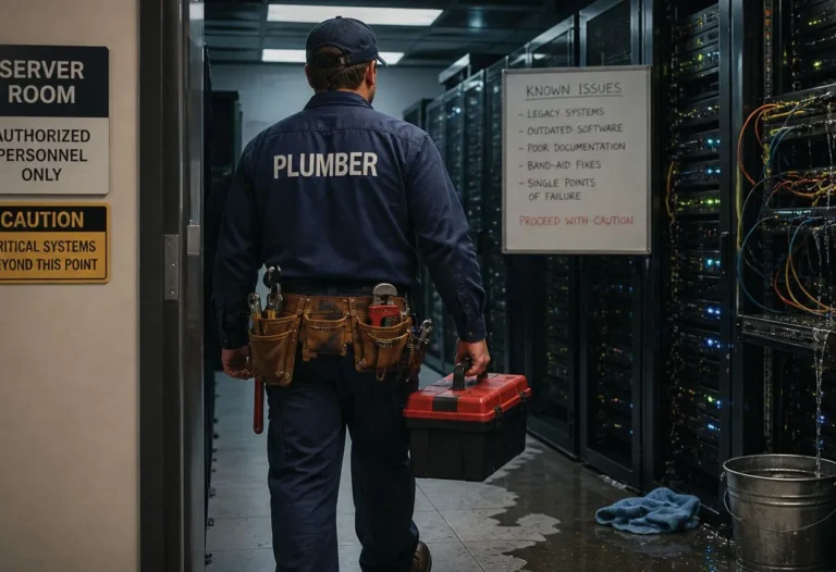 Humorous illustration of a plumber standing outside a server room door, suggesting that IT problems are often treated as simple fixes rather than strategic organizational challenges.