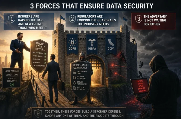 Infographic illustrating three forces that ensure data security: insurers raising the bar, regulators forcing compliance guardrails, and cyber adversaries actively exploiting vulnerabilities, depicted as a fortified castle under threat.