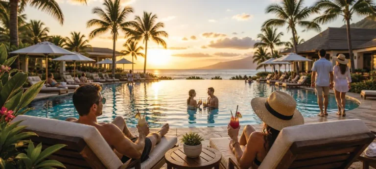 Guests relaxing by a resort pool at sunset surrounded by palm trees, illustrating the all-inclusive resort experience discussed in the article.