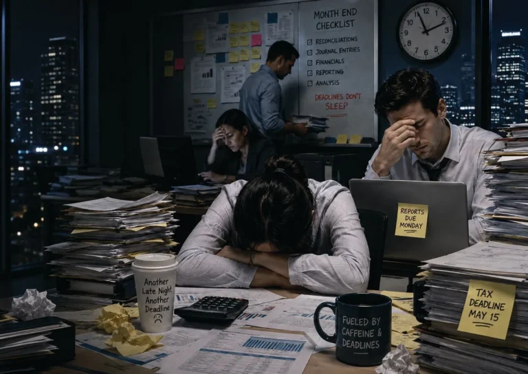 Three exhausted accounting professionals working late at night surrounded by stacks of paperwork, laptops, and coffee mugs, with a whiteboard showing a month-end checklist and sticky notes reading "Reports Due Monday" and "Tax Deadline May 15."