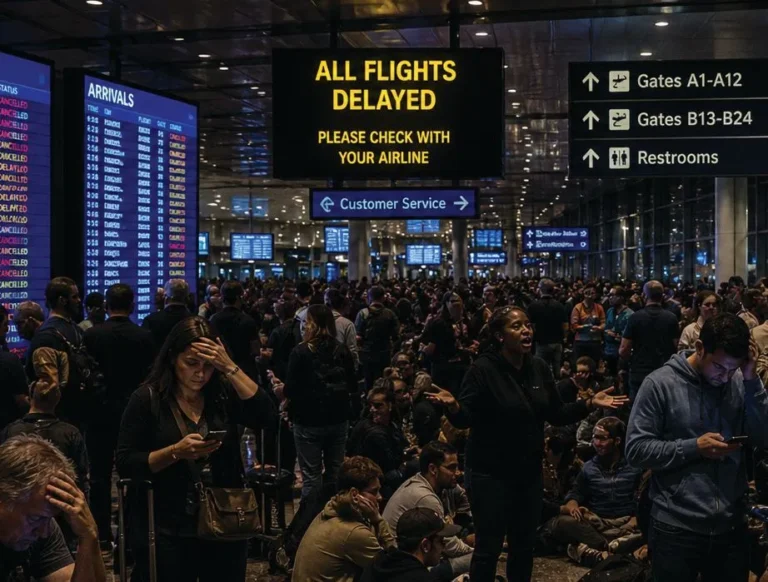 A crowded airport arrivals hall with a large "All Flights Delayed" sign on the departures board, illustrating the travel disruptions and uncertainty casino resorts must be prepared to navigate.