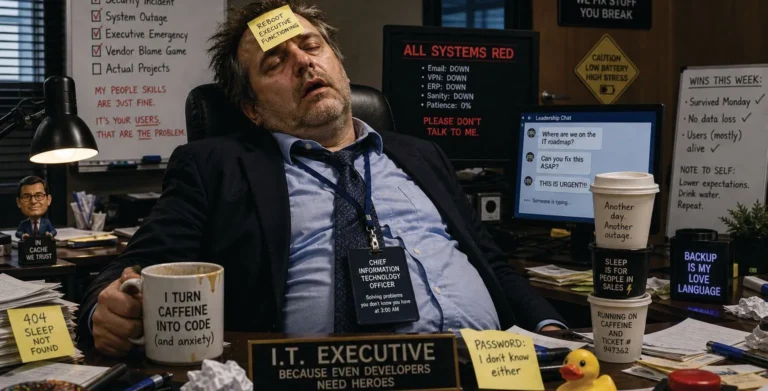Humorous illustration of an overwhelmed IT executive surrounded by system alerts, error messages, and tech chaos in a cluttered office.