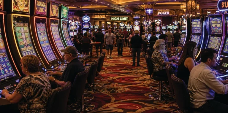 A busy casino gaming floor with slot machines and players, illustrating the multi-touchpoint guest experience that modern loyalty programs aim to connect.