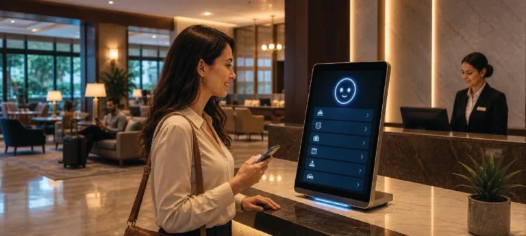 A hotel front desk staff member smiling and assisting a guest at check-in, illustrating the personalized guest service experience in casino hospitality.