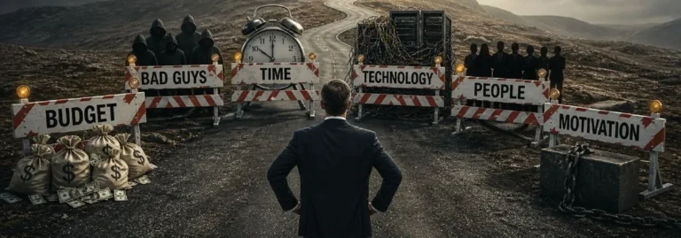 Illustration of a person facing multiple roadblocks labeled Bad Guys, Time, Technology, People, Budget, and Motivation, representing the obstacles organizations face when managing complex initiatives.