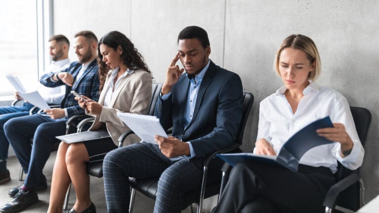 Business professionals waiting to be called in for a job interview.